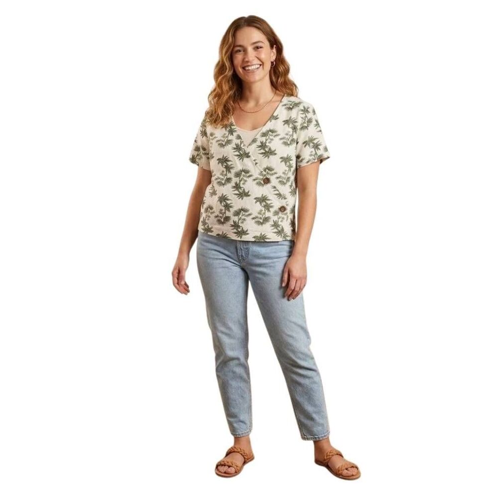 Dip Women's White with Green Print Linen/Rayon Short Sleeve Wrap Front Shirt EUC